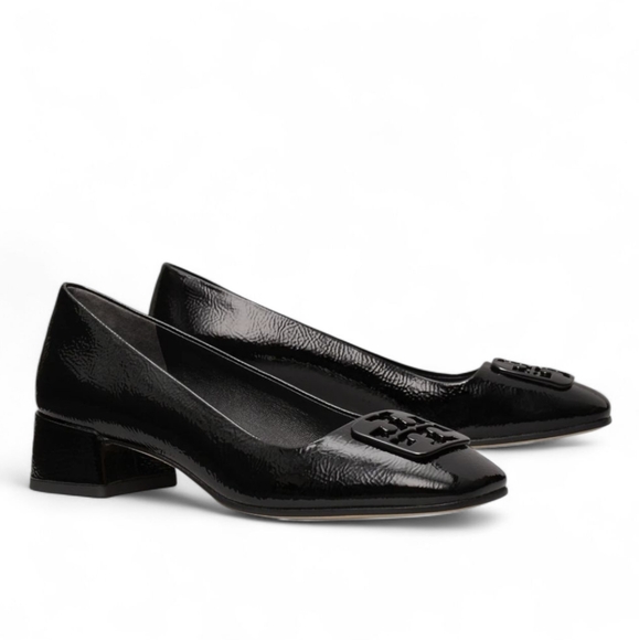 TORY BURCH Georgia Pump Black Square Toe Low Block Heel Leather Pump Logo Box 9 - Picture 1 of 10